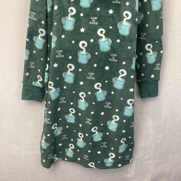 Life Is Good Fleece Hooded Nightgown Womens Medium M Green Mug Coffee Pockets - Picture 14 of 14